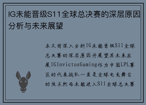 IG未能晋级S11全球总决赛的深层原因分析与未来展望