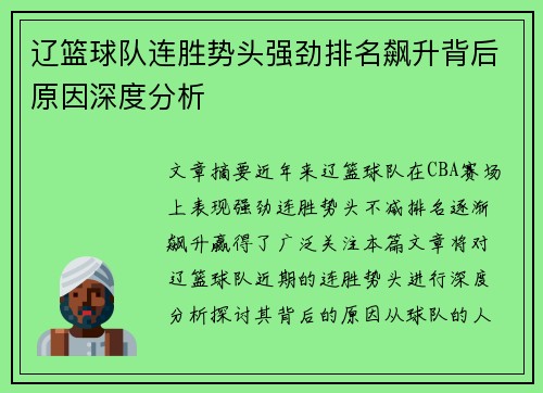 辽篮球队连胜势头强劲排名飙升背后原因深度分析 辽篮球队连胜势头强劲排名飙升背后原因深度分析